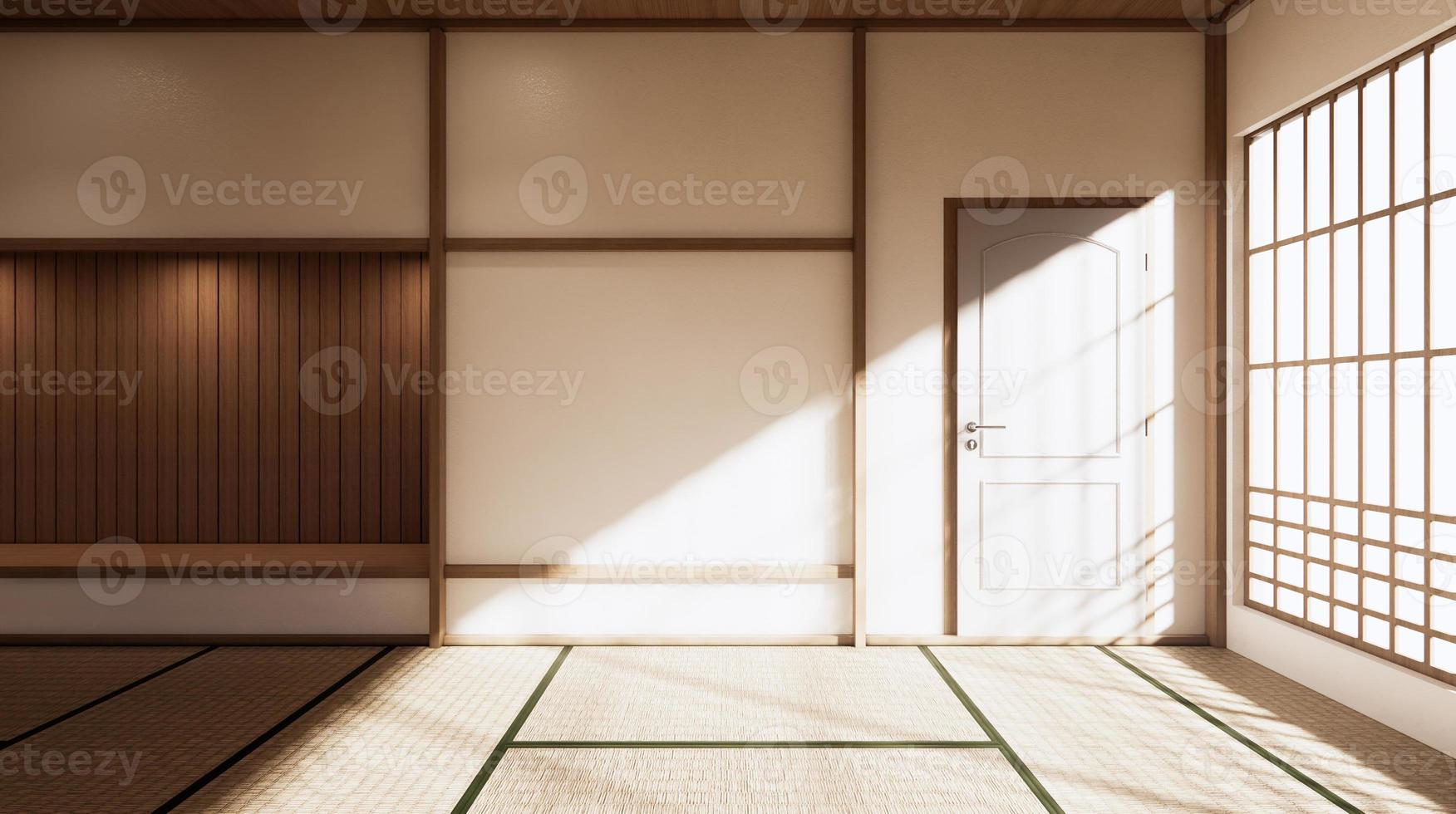 a sala é espaçosa, com design de estilo japonês e luz em tons naturais. Renderização 3d foto