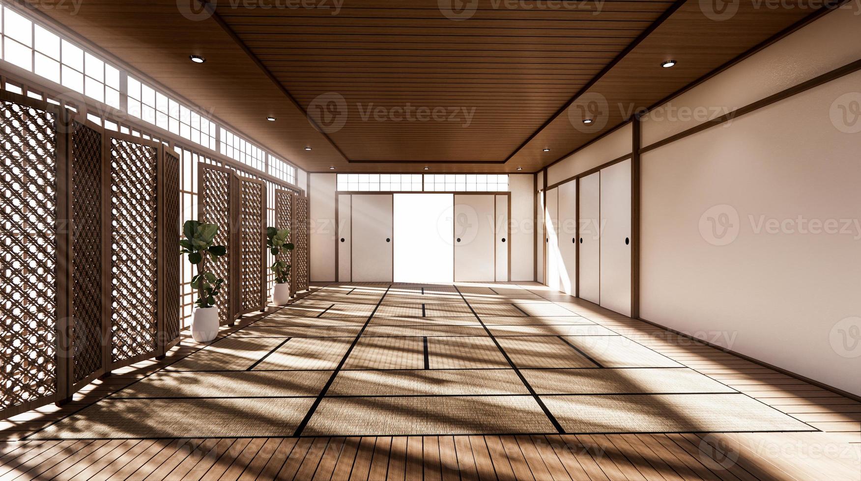 a sala é espaçosa, com design de estilo japonês e luz em tons naturais. Renderização 3d foto