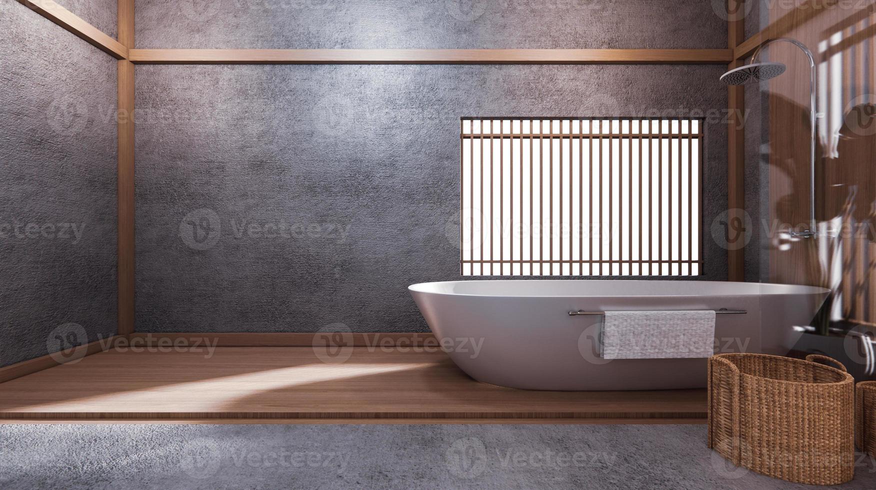 a banheira no banheiro japonês tem uma piscina ao lado da sala de design é espaçosa e iluminada em tons naturais. Renderização 3d foto