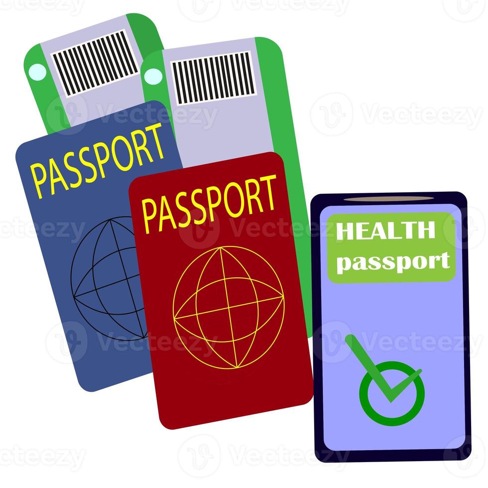 dois passaportes estrangeiros, duas passagens e cartões de embarque para o avião e telefone com passaporte médico e autorização de vôo. o conceito de viagens aéreas de avião, turismo internacional e viagens foto