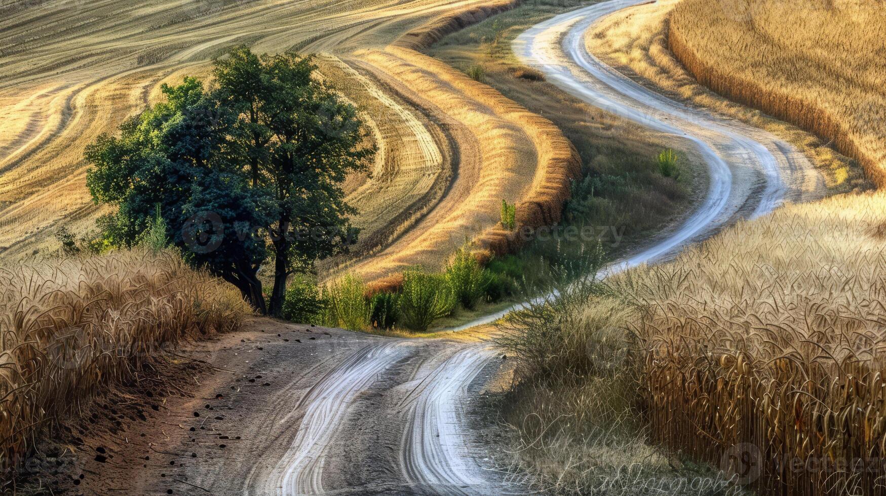 estrada viagem através país estradas, cercado de Campos do Beijado pelo sol, ensolarado cultivo dentro a altura do verão foto