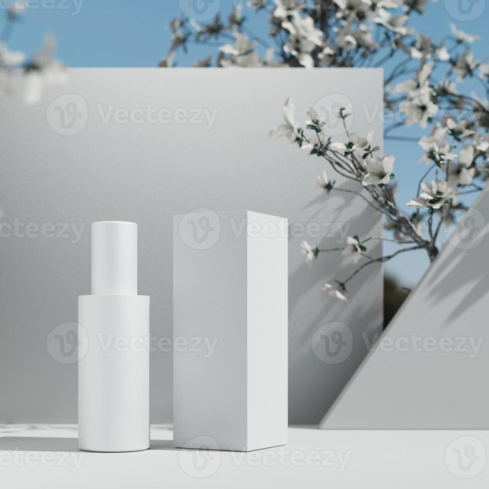 estágio de apresentação do produto cosmético natural. colocação de simulação de estúdio. frasco branco em branco. Conteúdo de ilustração 3D foto