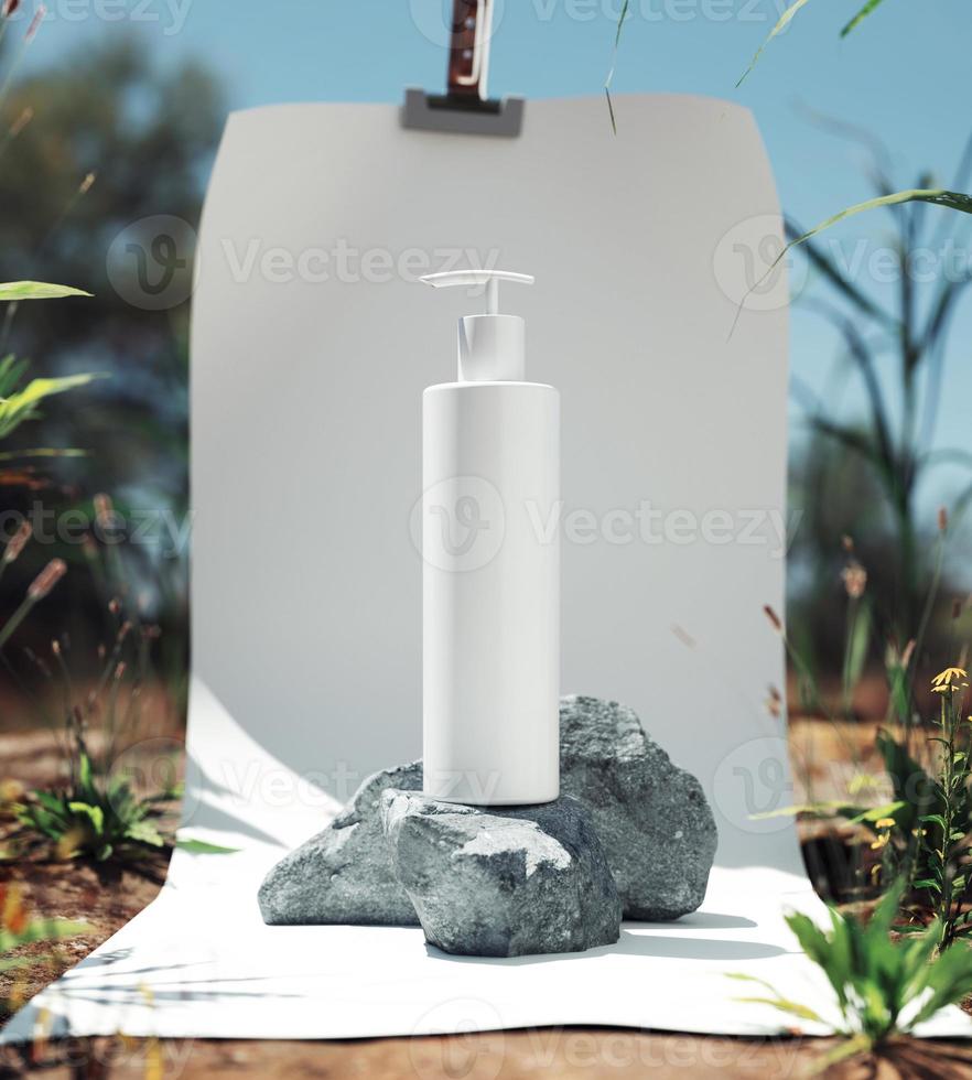 apresentação de produtos cosméticos naturais nos bastidores. colocação da floresta das nossas portas. frasco de xampu frasco em branco branco. Conteúdo de ilustração 3D foto