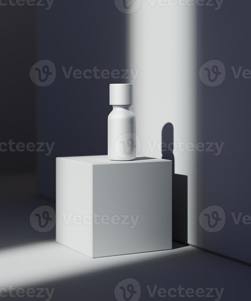 cena de apresentação cosmética natural. colocação de produtos. fundo branco com sombras escuras. Conteúdo de blog de ilustração 3D foto