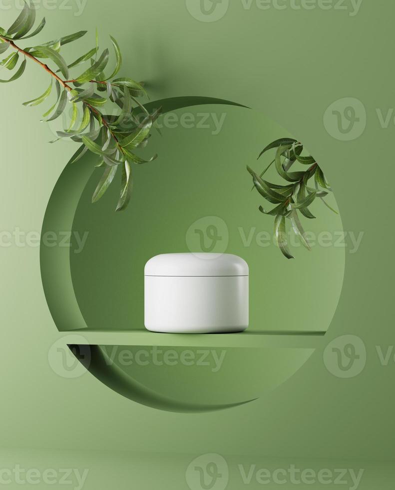 estágio mínimo cosmético natural para apresentação do produto. pódio de frasco cosmético e folha verde em fundo monocromático. Renderização 3D. foto