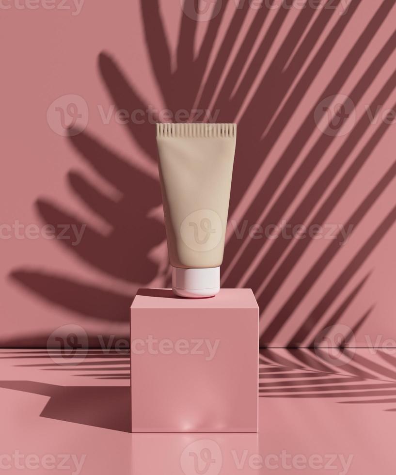 creme cosmético natural, soro, embalagem de frasco em branco para cuidados com a pele com folhas de ervas, madeira. conceito bio orgânico de product.beauty e spa. Ilustração 3D foto