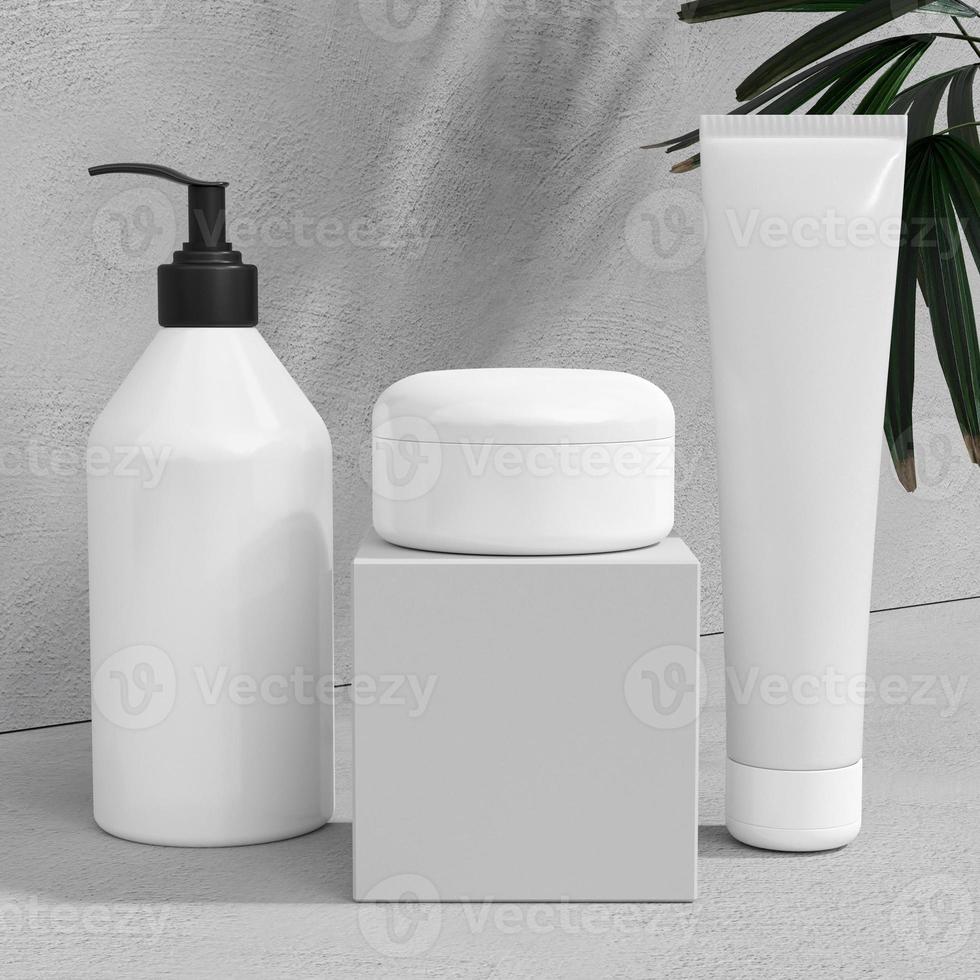 design branco de creme cosmético natural, soro, embalagem de garrafa em branco para cuidados da pele com folhas de erva, produto bio orgânico. conceito de beleza e spa. Ilustração 3D foto