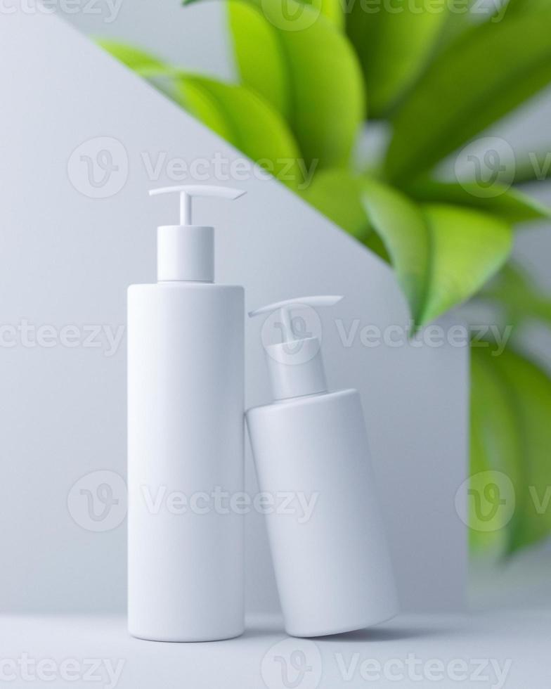 design branco de creme cosmético natural, soro, embalagem de frasco em branco para cuidados da pele com folhas de erva, produto bio orgânico. conceito de beleza e spa. Illustartion 3D. dermatologia fitoterápica cosmética higiênica foto