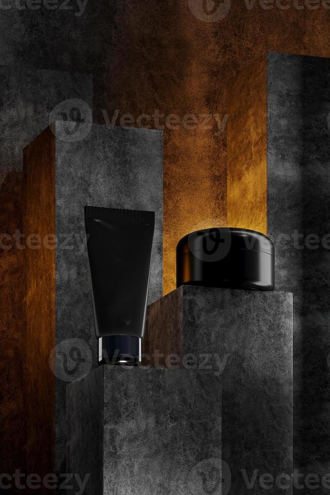 Ilustração 3D. Cartaz de belo formato com fundo de concreto de pedra cinza abstrato com tonalidades acinzentadas, com frasco de creme de recipientes de plástico branco, tubo. cosmético de maquete realista. foto