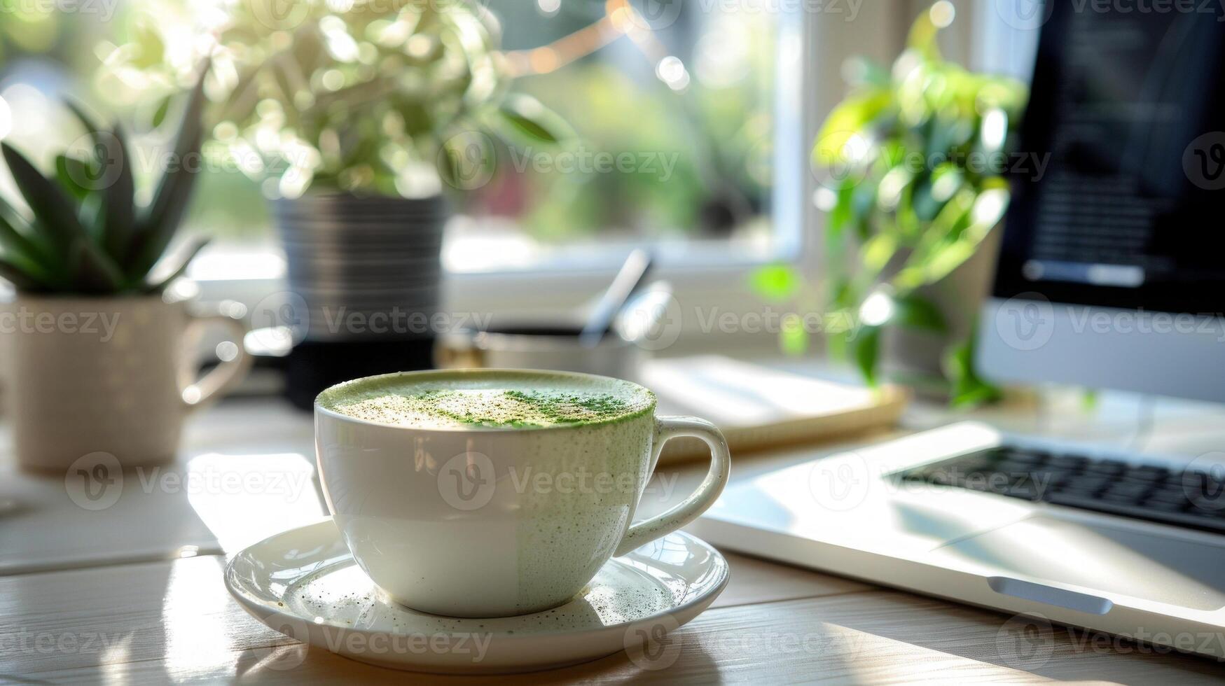 uma matcha cappuccino em uma trabalhos mesa dentro uma estilo boho escritório foto