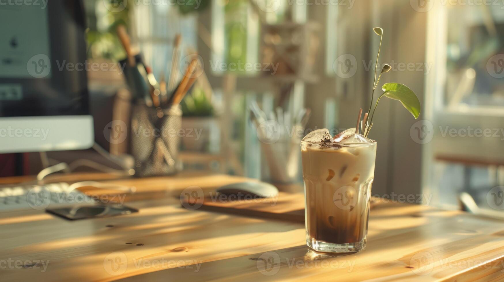 uma frappe café em uma trabalhos mesa dentro uma estilo boho escritório foto