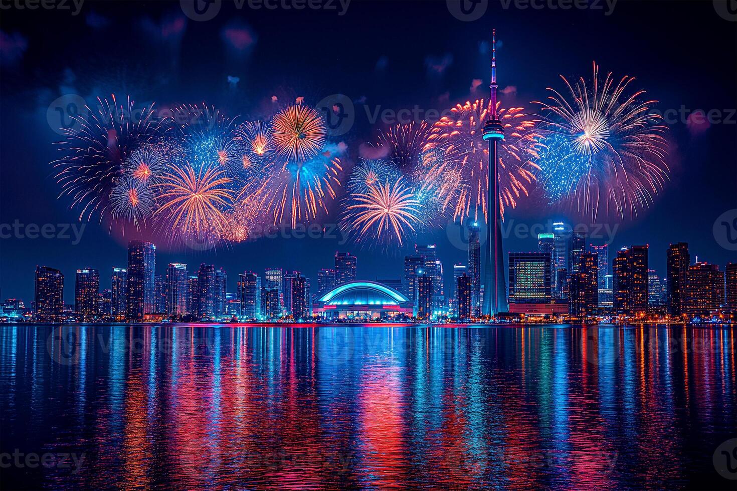 fogos de artifício iluminação acima a noite céu sobre icônico canadense marcos em Julho 1º foto