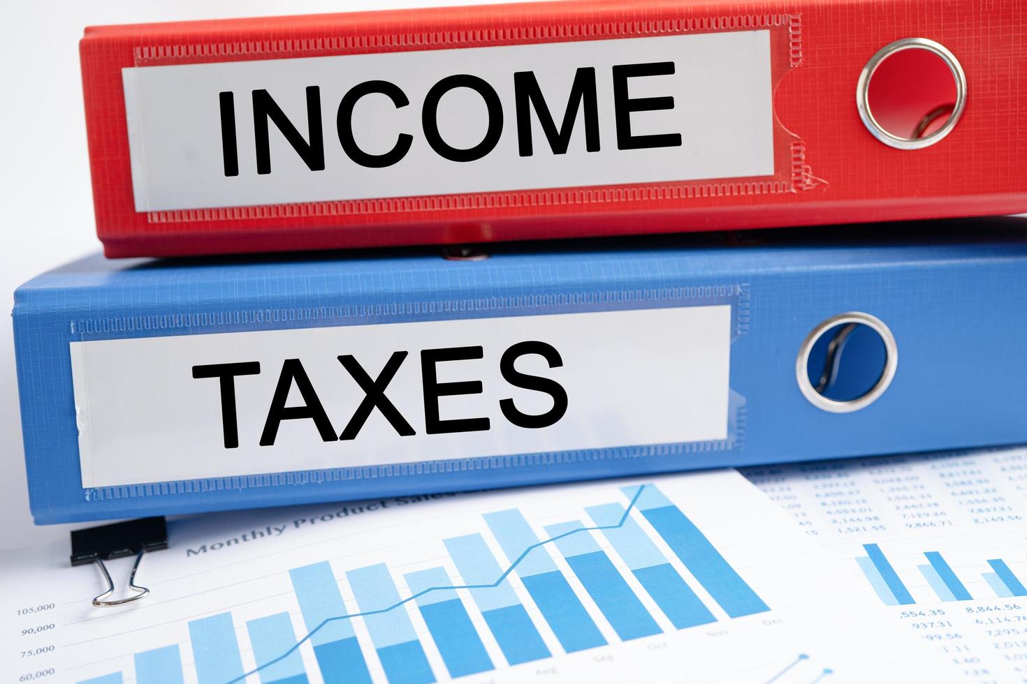 rendimentos e impostos. fichário dados finanças relatório de negócios com análise de gráfico no escritório. foto