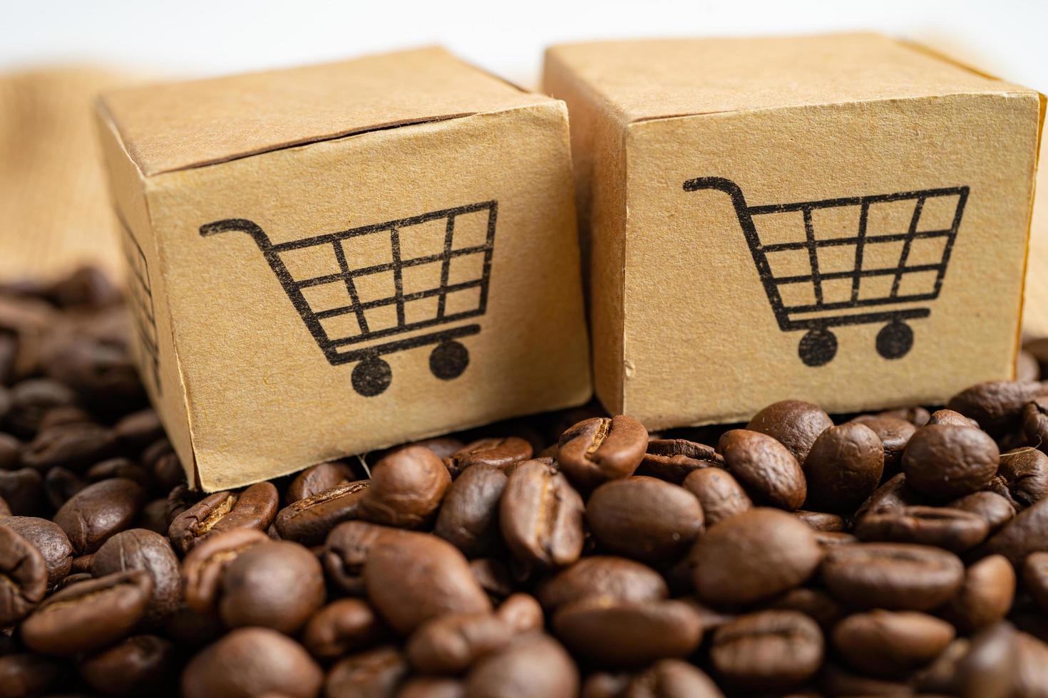 com o símbolo do logotipo do carrinho de compras em grãos de café, importação e exportação, compras on-line ou entrega de produtos de loja de serviço de entrega de comércio eletrônico, comércio, conceito de fornecedor. foto