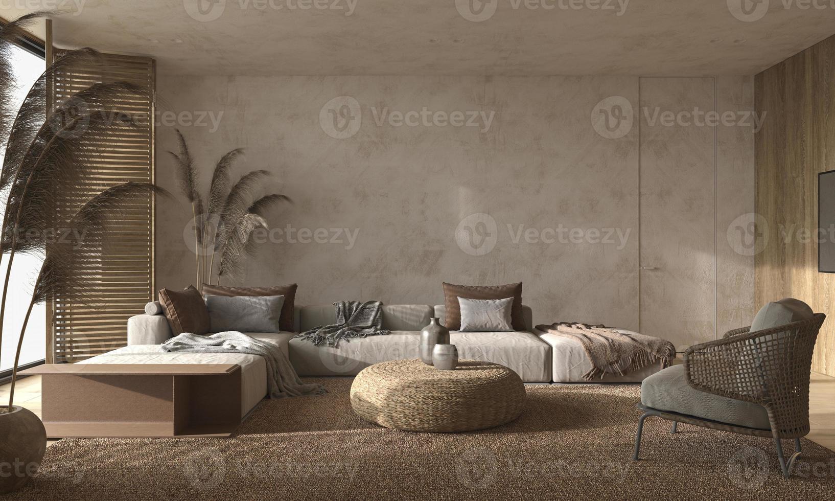 interior de estilo escandinavo. design de sala de estar com móveis de madeira decoração boho. 3D render cena de animação. foto