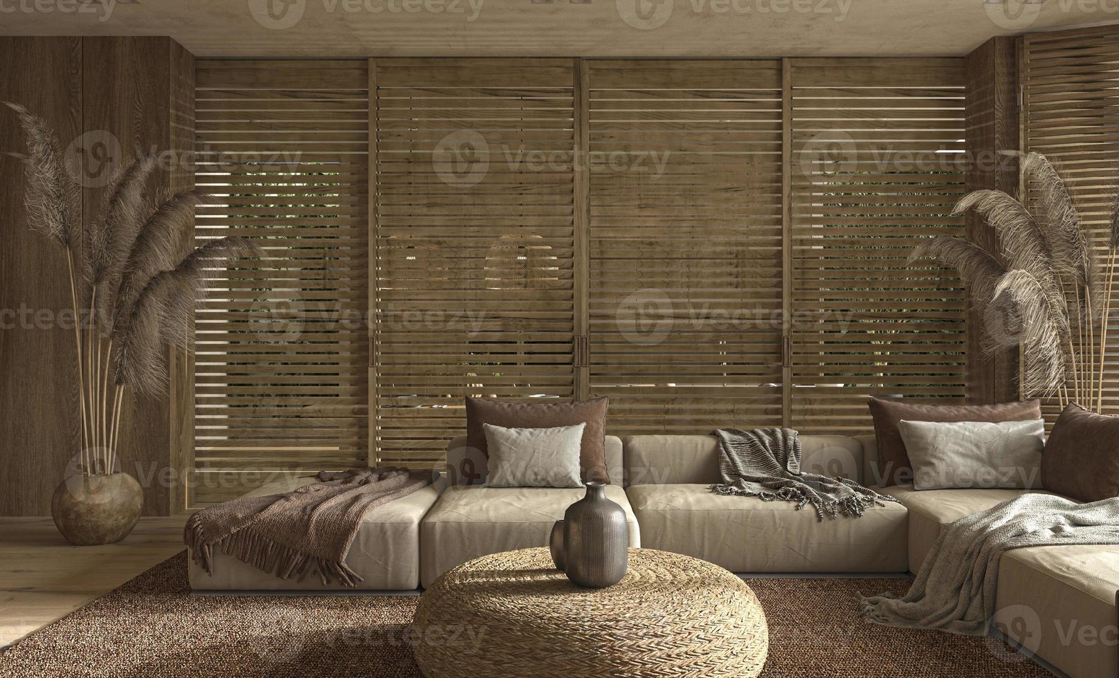 interior da casa em estilo escandinavo. design de sala de estar com móveis de madeira natural boho e planta seca no fundo. Ilustração de renderização 3D. foto
