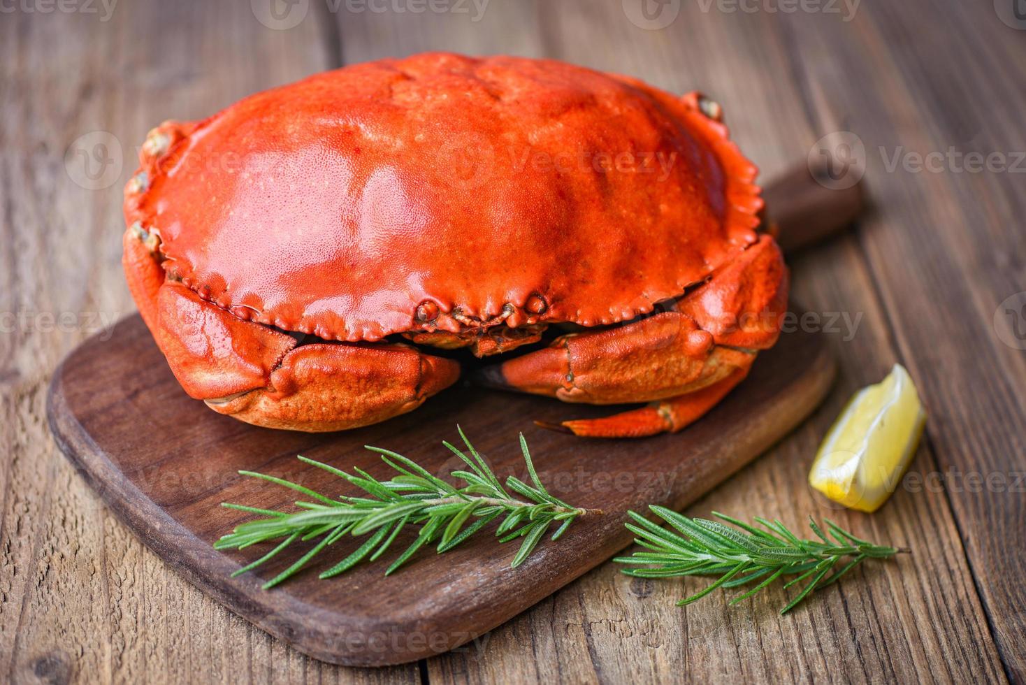 caranguejo fresco com ingredientes e alecrim limão em uma placa de madeira - frutos do mar marisco caranguejo vermelho cozido no vapor ou caranguejo de pedra cozido foto