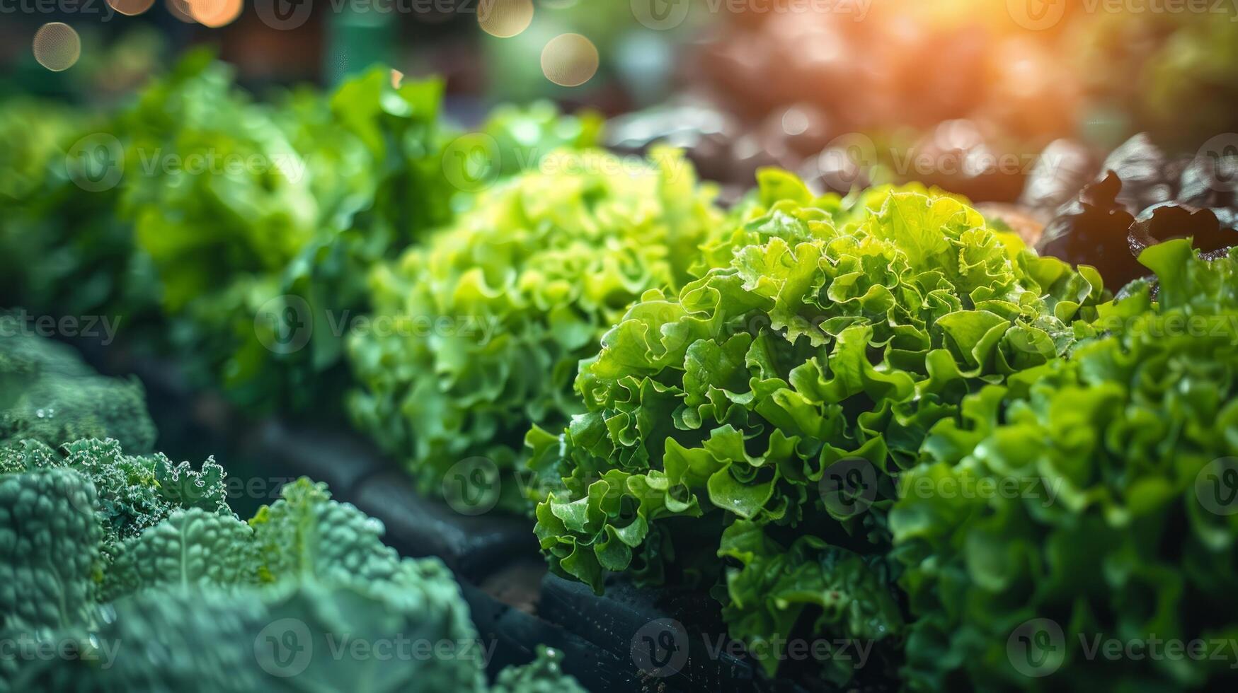 fresco verde alface folhas crescendo dentro vegetal jardim com natural luz solar. conceito do saudável orgânico agricultura, nutrição e sustentável agricultura foto