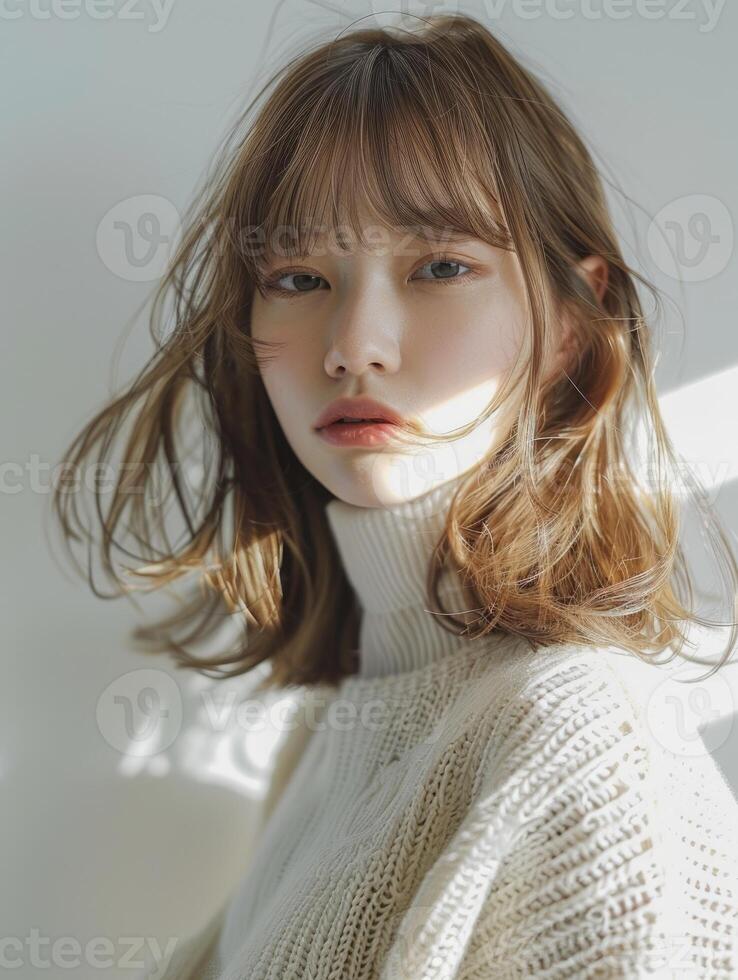 japonês moda modelo menina com Castanho cabelo franja, ai foto