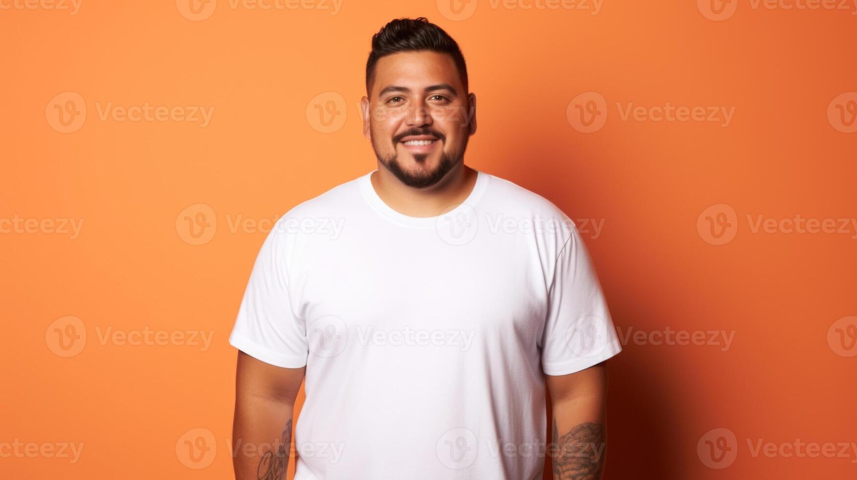 alegre jovem hispânico mais Tamanho corpo positivo masculino homem Garoto cara 30s dentro branco em branco Projeto casual camiseta posando cor fundo estúdio retrato, ai foto