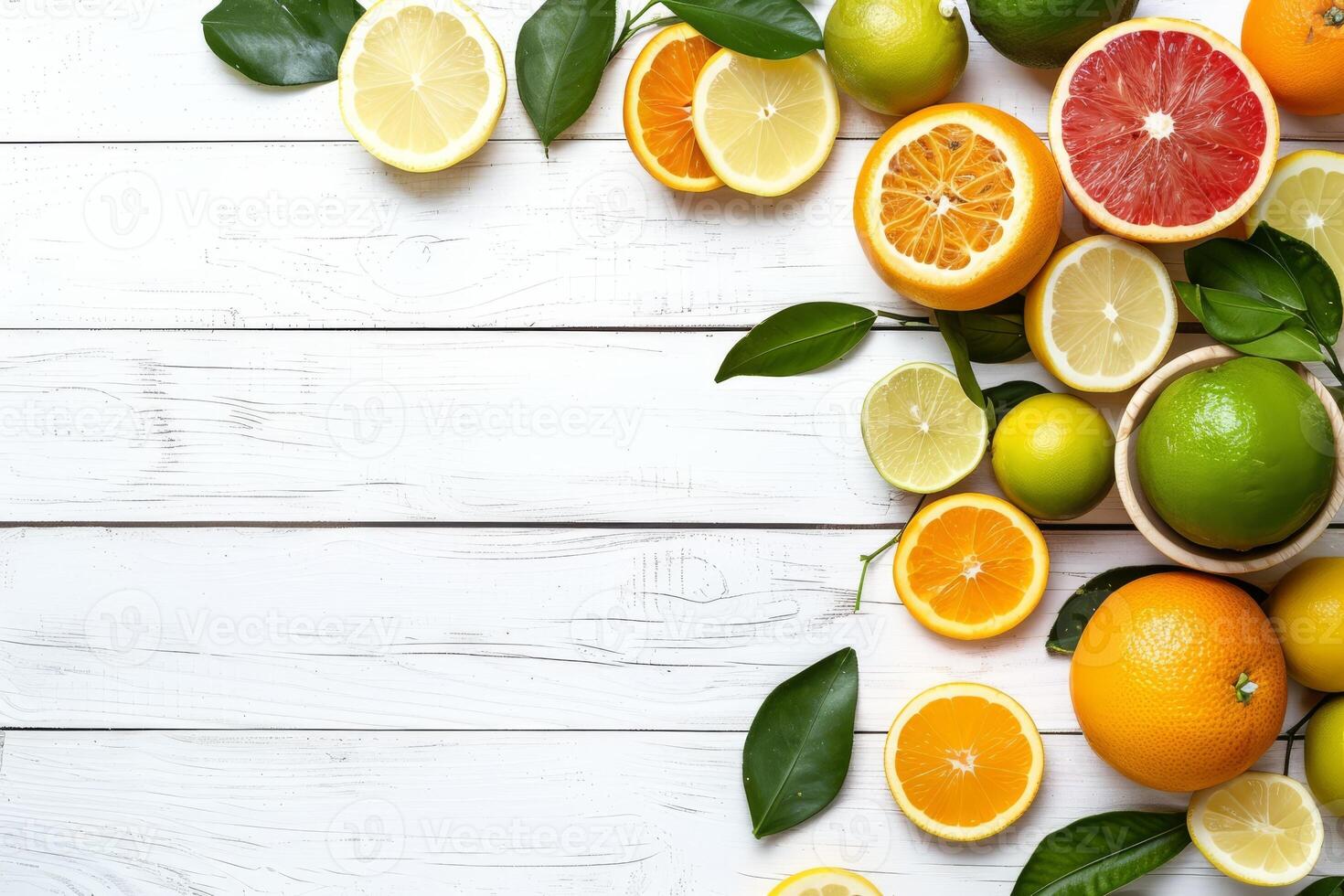 sinfonia do citrino, variedade do maduro frutas artisticamente arranjado em uma branco de madeira mesa foto
