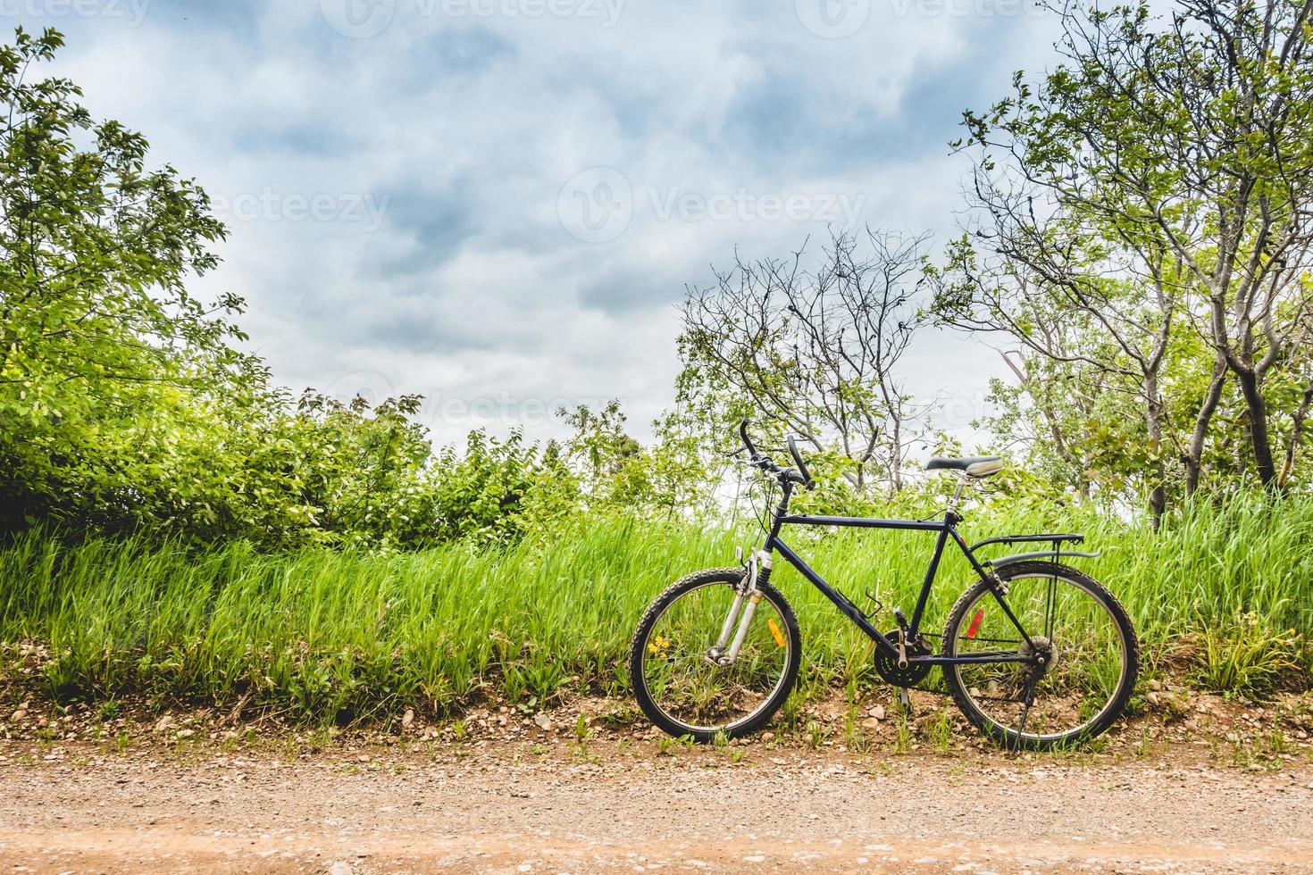 bicicleta estacionada ao lado de uma estrada de cascalho com campo ao fundo foto