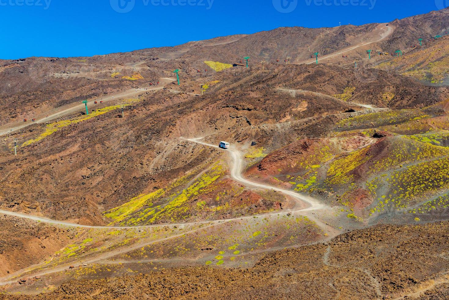 vista panorâmica de uma estrada de montanha com um ônibus indo para o topo. colinas de pedra vulcânica no monte etna. sicília, itália foto