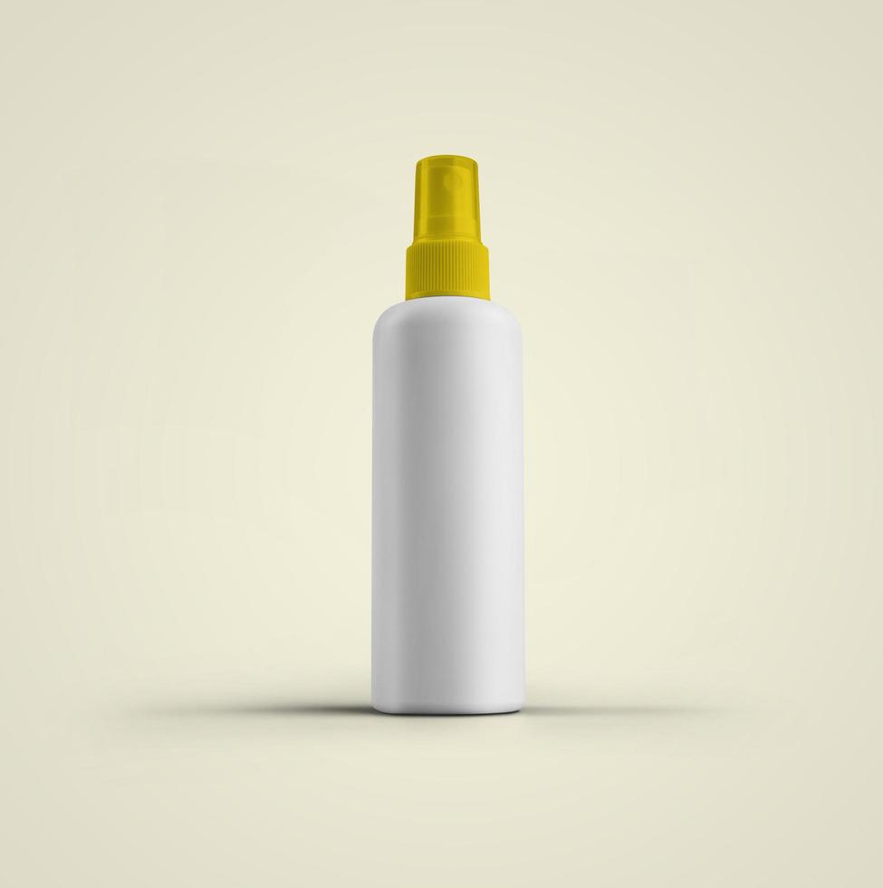 Renderização 3D em branco frasco de spray plástico cosmético branco com tampa amarela isolada em fundo cinza. apto para o seu projeto de maquete. foto