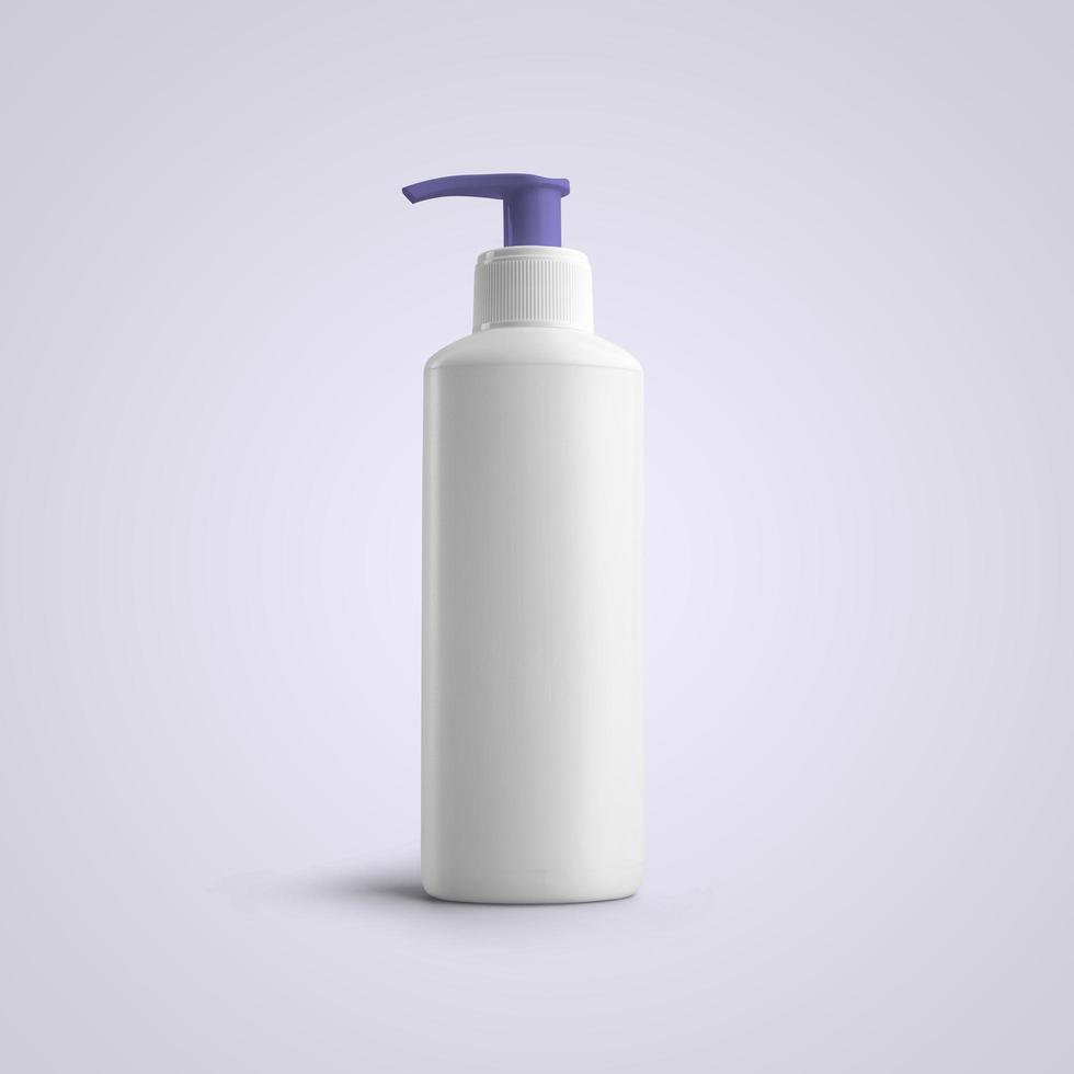 Garrafa de plástico cosmética branca em branco de renderização 3D com dispensador roxo isolado em fundo cinza. apto para o seu projeto de maquete. foto