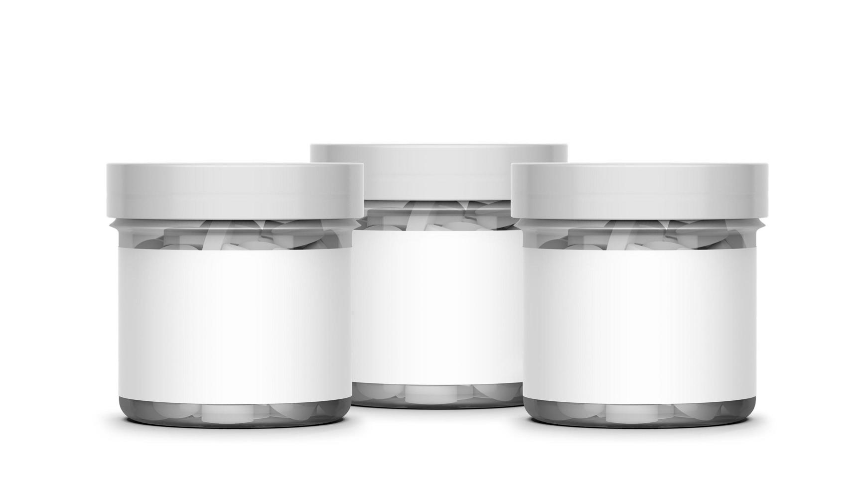Renderização 3D de potes de comprimidos de plástico transparente com rótulo em branco e tampa isolada no fundo branco. adicionado espaço de cópia para texto e ajuste para seu projeto. foto