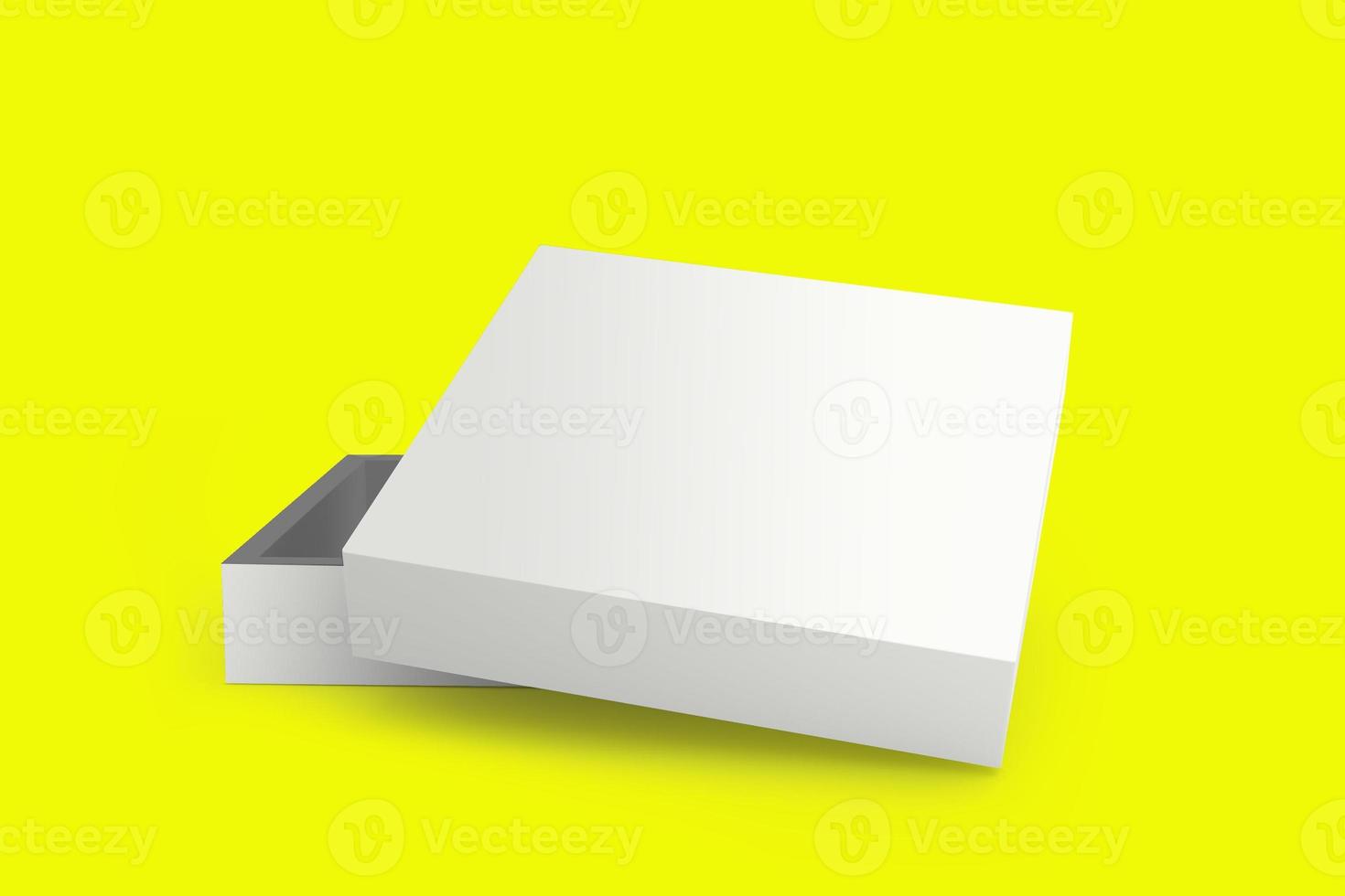 caixa de presente de papel. caixa quadrada branca sobre fundo amarelo. embalagem para maquete. caixa de presente. Renderização 3D. foto