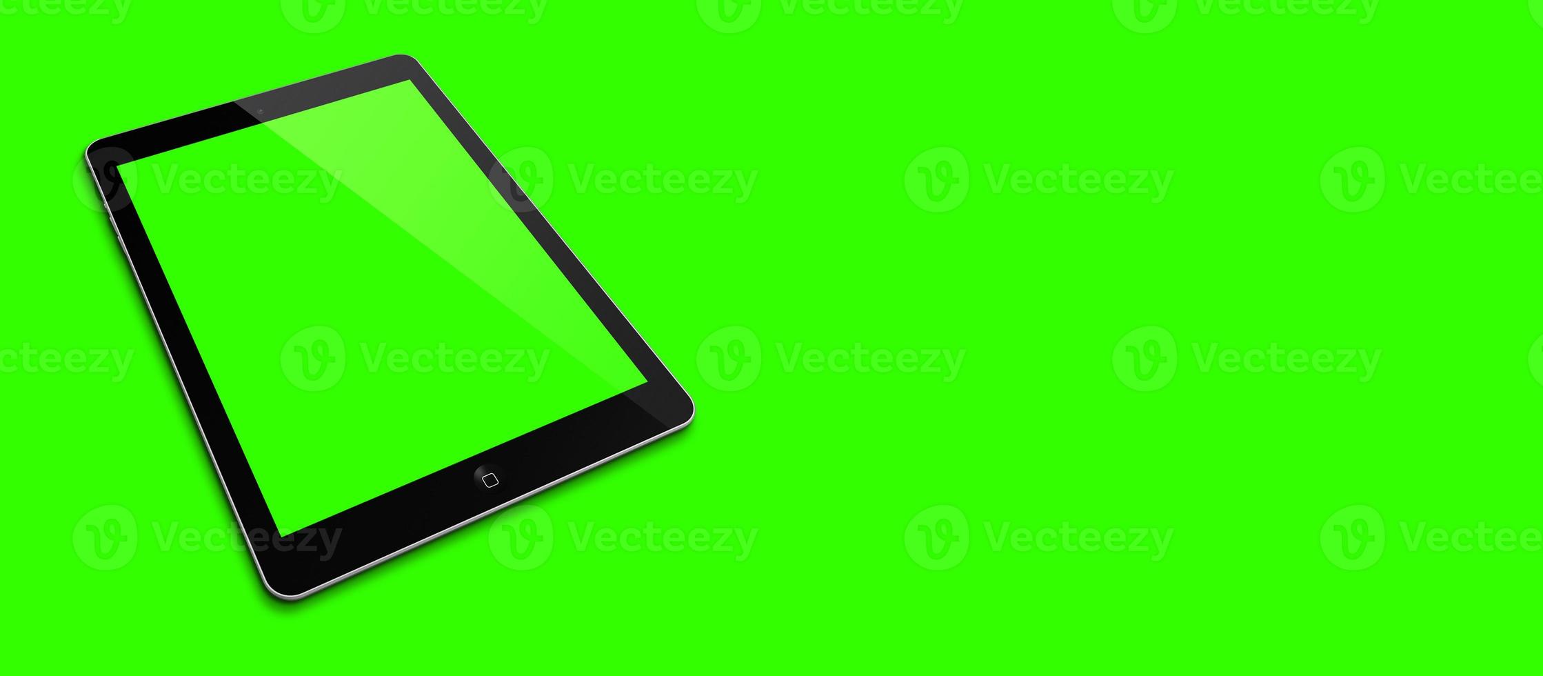 imagem de maquete de renderização em 3d branco tablet pc ou smartphone com tela verde em branco sobre fundo verde. apto para usar o elemento de design. foto