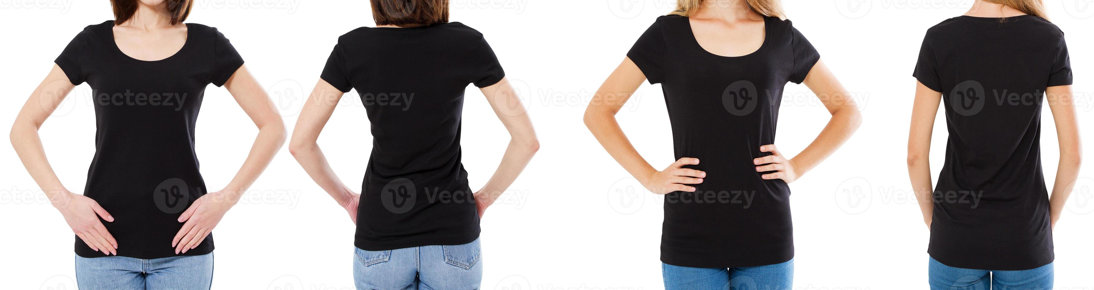 duas mulheres em camiseta preta com imagem cortada frontal e traseira, conjunto de camiseta, maquete de camiseta em branco foto