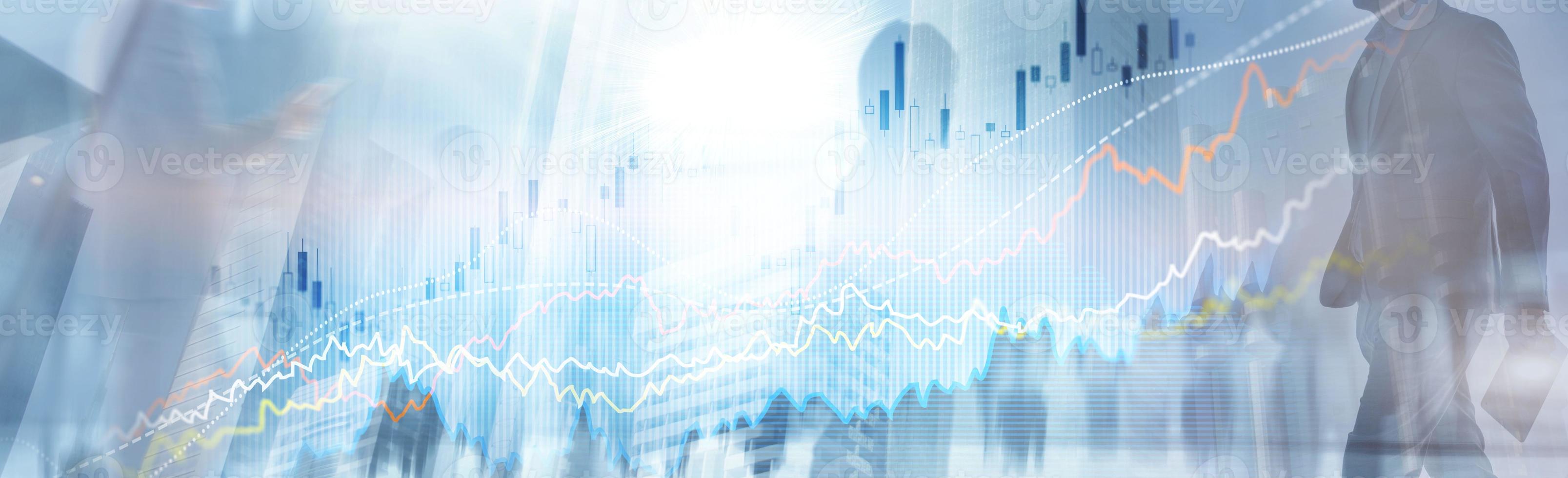 gráfico de gráfico de crescimento de finanças de negócios analisando diagrama de negociação e conceito de câmbio forex dupla exposição foto