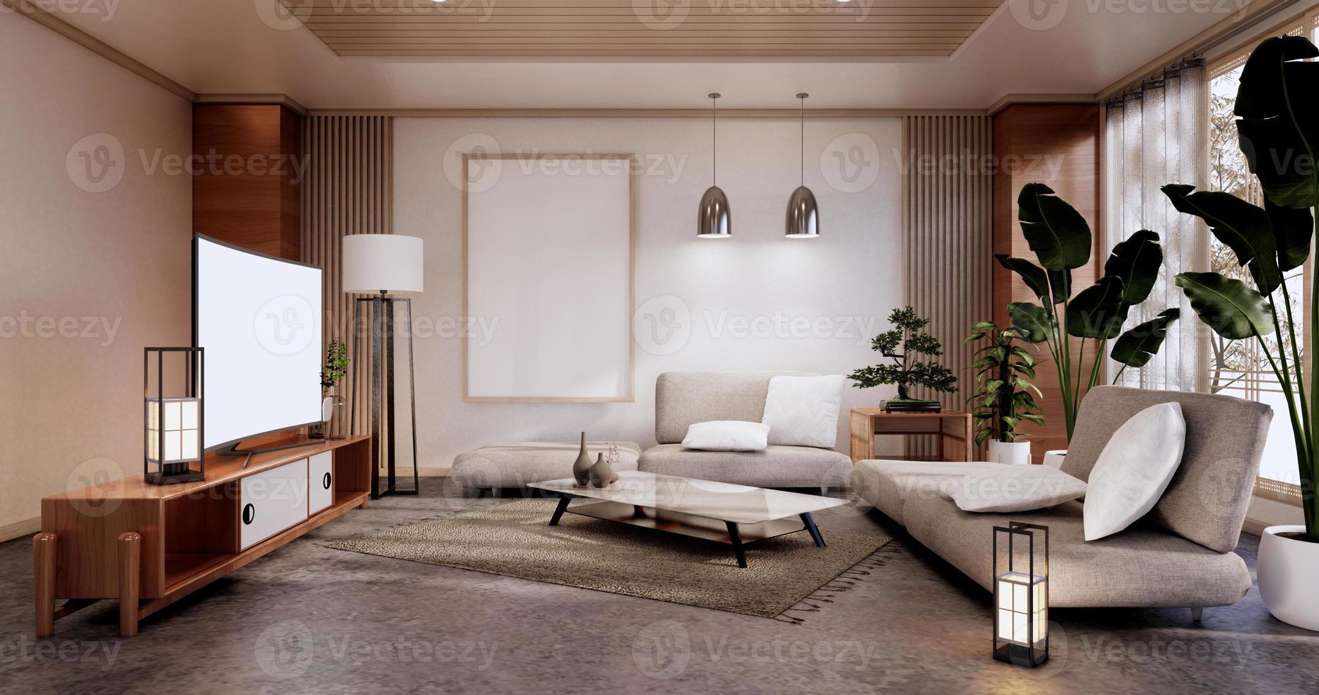 mobília do sofá e design moderno da sala renderização minimal.3d foto