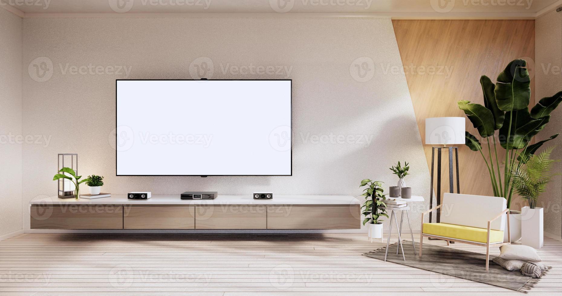 gabinete de tv, poltrona com piso de madeira e design de parede em branco e madeira, interior minimalista. Renderização 3D foto