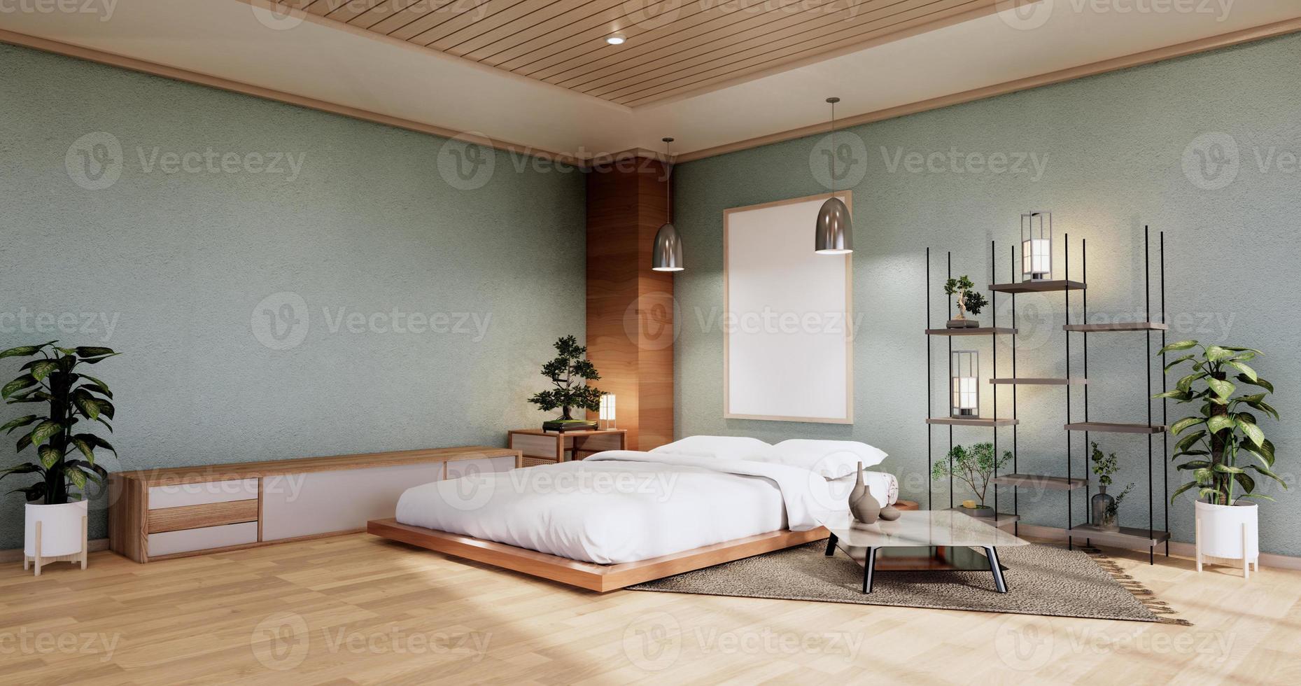 mock up interior com planta de cama zen e decoartion no quarto ciano japonês. Renderização 3D. foto