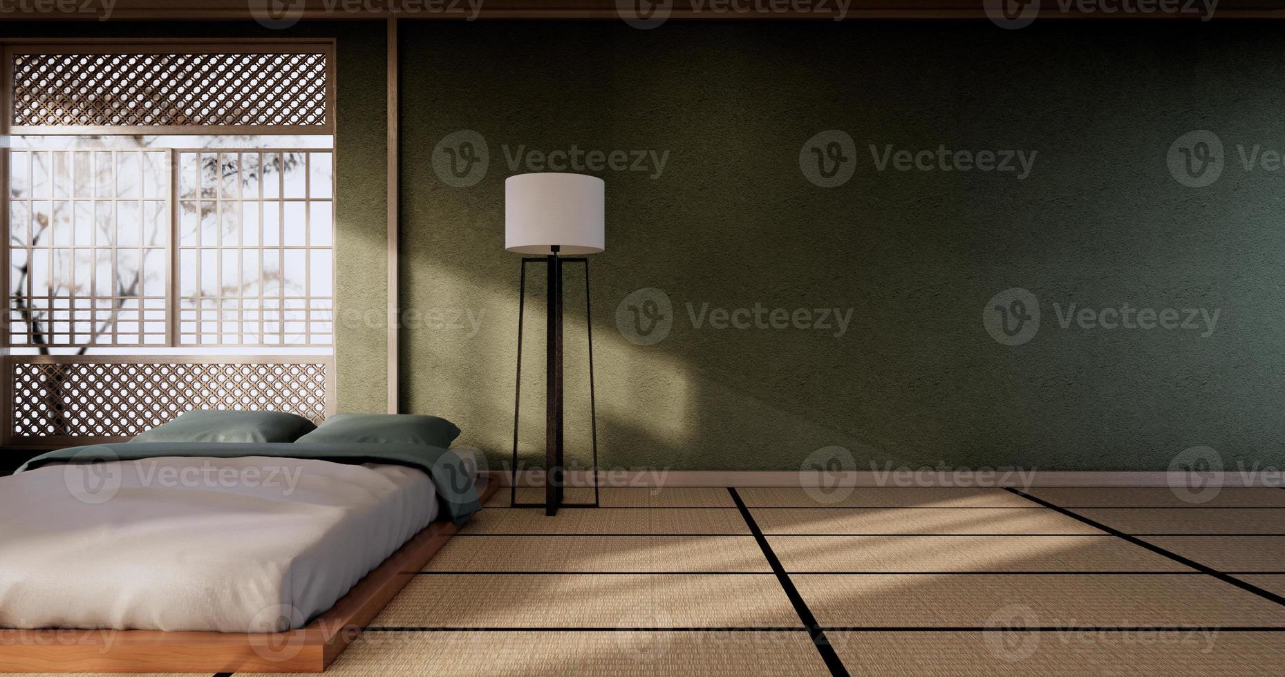 quarto estilo minimalista japonês., parede verde moderna e piso de madeira, quarto minimalista. Renderização 3d foto