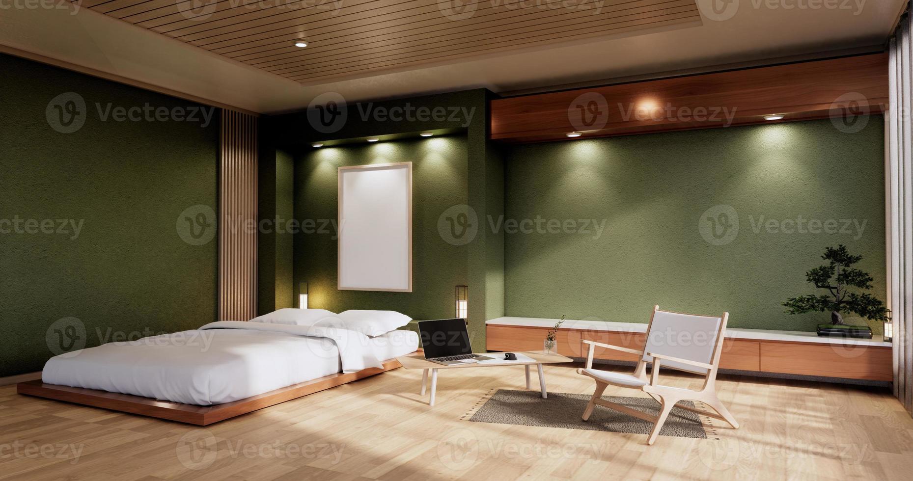 interior mock up com planta de cama zen e decoartion no quarto verde japonês. Renderização 3D. foto