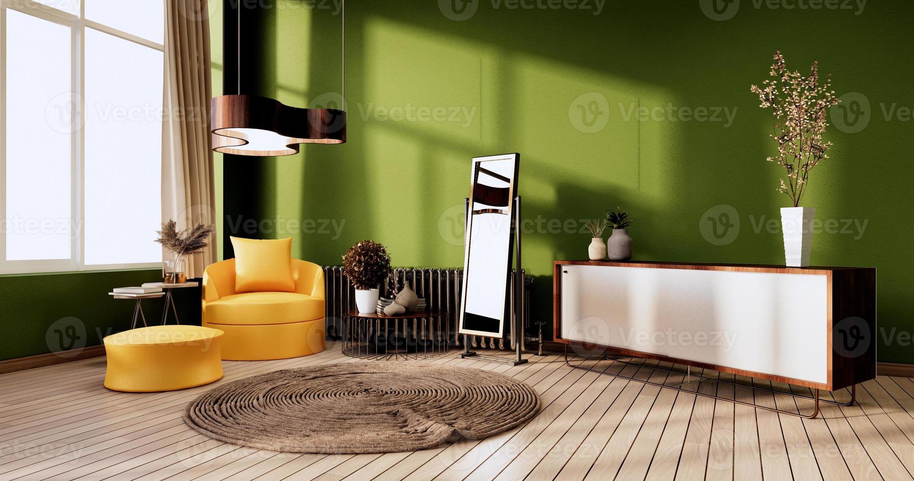 interior de sala de estar verde sobre fundo de parede verde. Renderização 3d foto