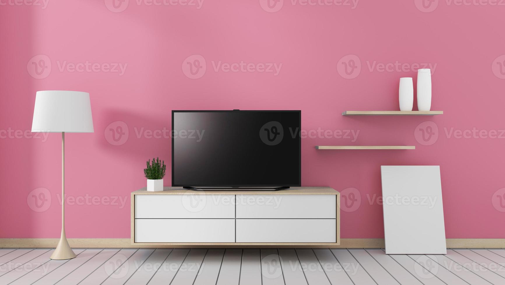 smart tv com tela preta em branco pendurada no armário, moderna sala de estar rosa. Renderização 3d foto