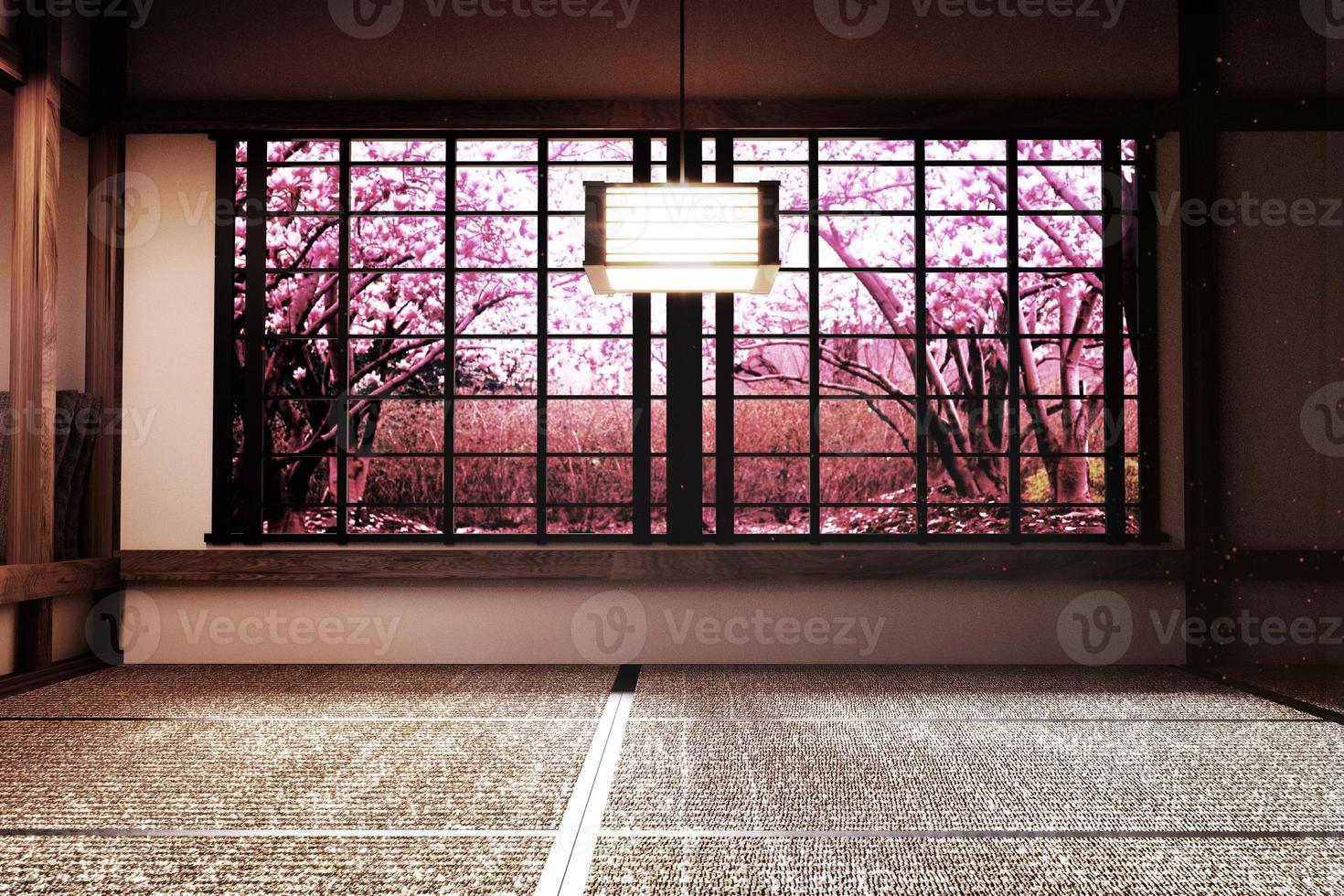 design original - interior do quarto com vista da janela - árvore sakura, estilo zen japonês. Renderização 3d foto