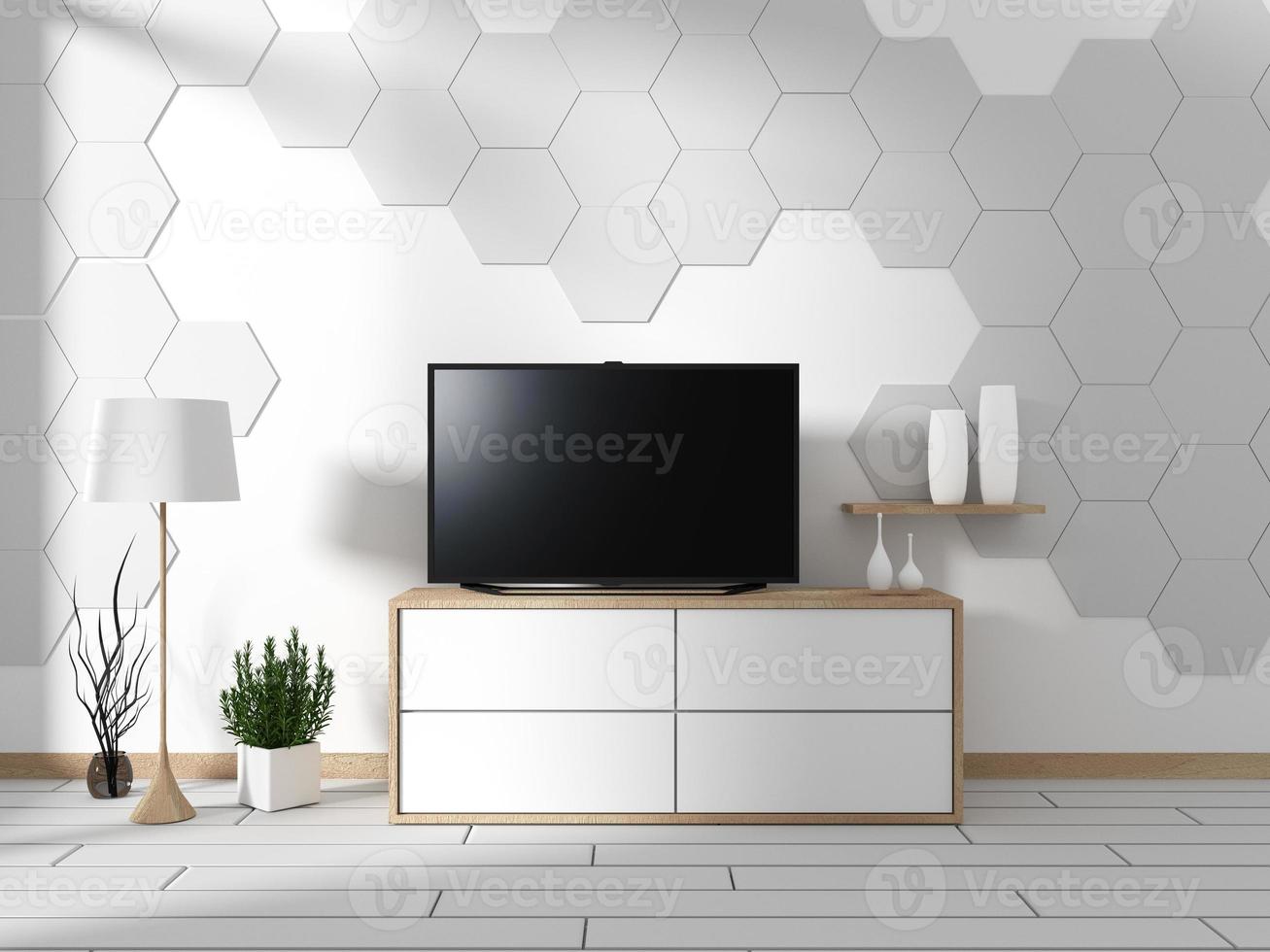 maquete de smart tv com tela preta em branco pendurada na decoração do gabinete, estilo zen de sala de estar moderna. Renderização 3d foto