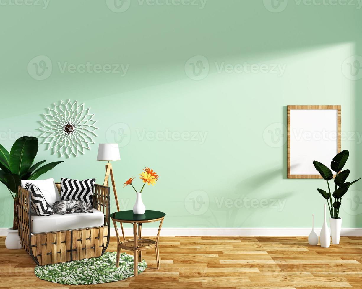 interior moderno da sala de estar com decoração de poltrona e plantas verdes no fundo da parede de textura de azulejo de hortelã, design minimalista, renderização em 3d. foto