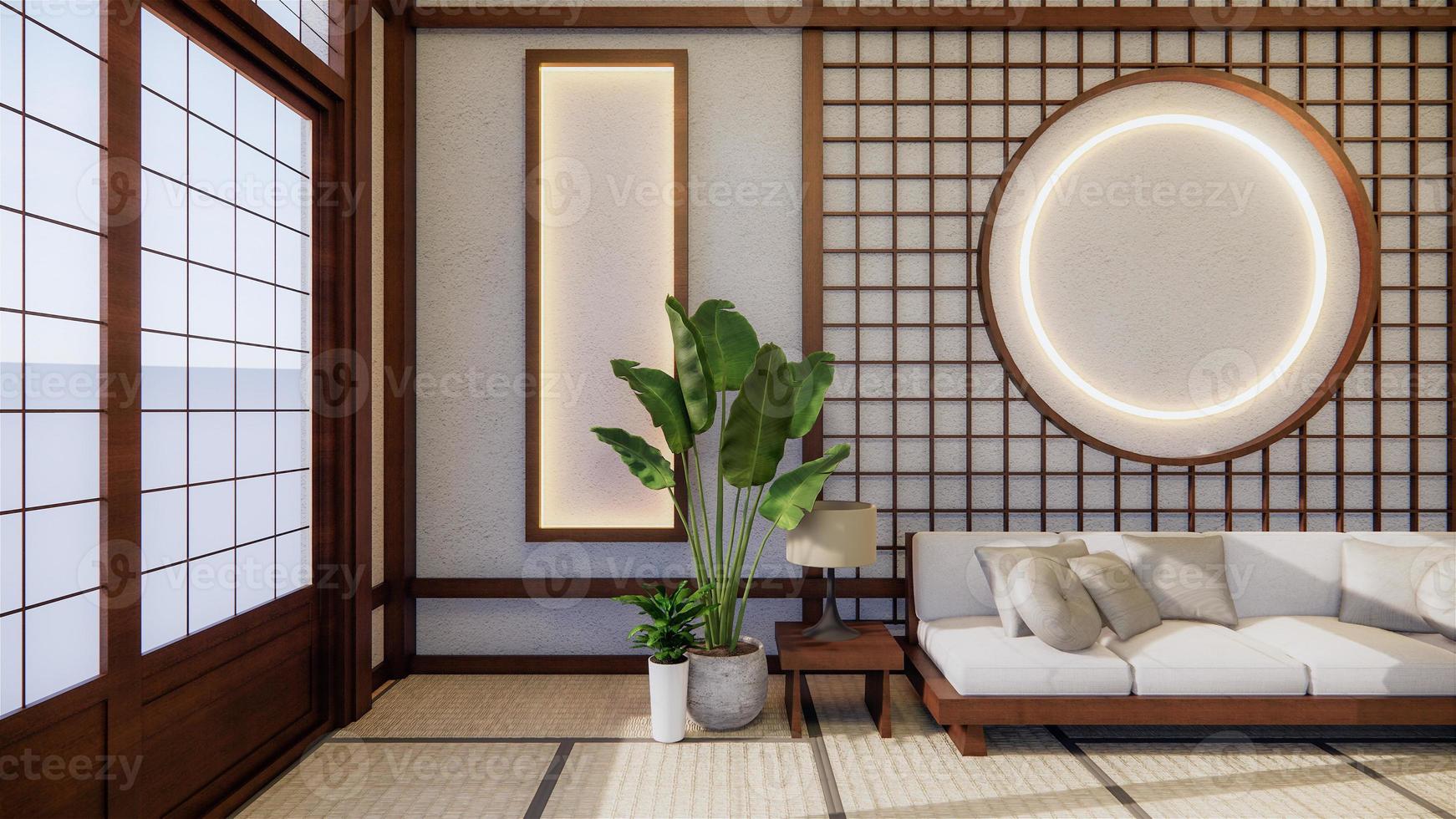 sofá estilo japonês no quarto japão e o pano de fundo branco fornece uma janela para edição de renderização 3D foto