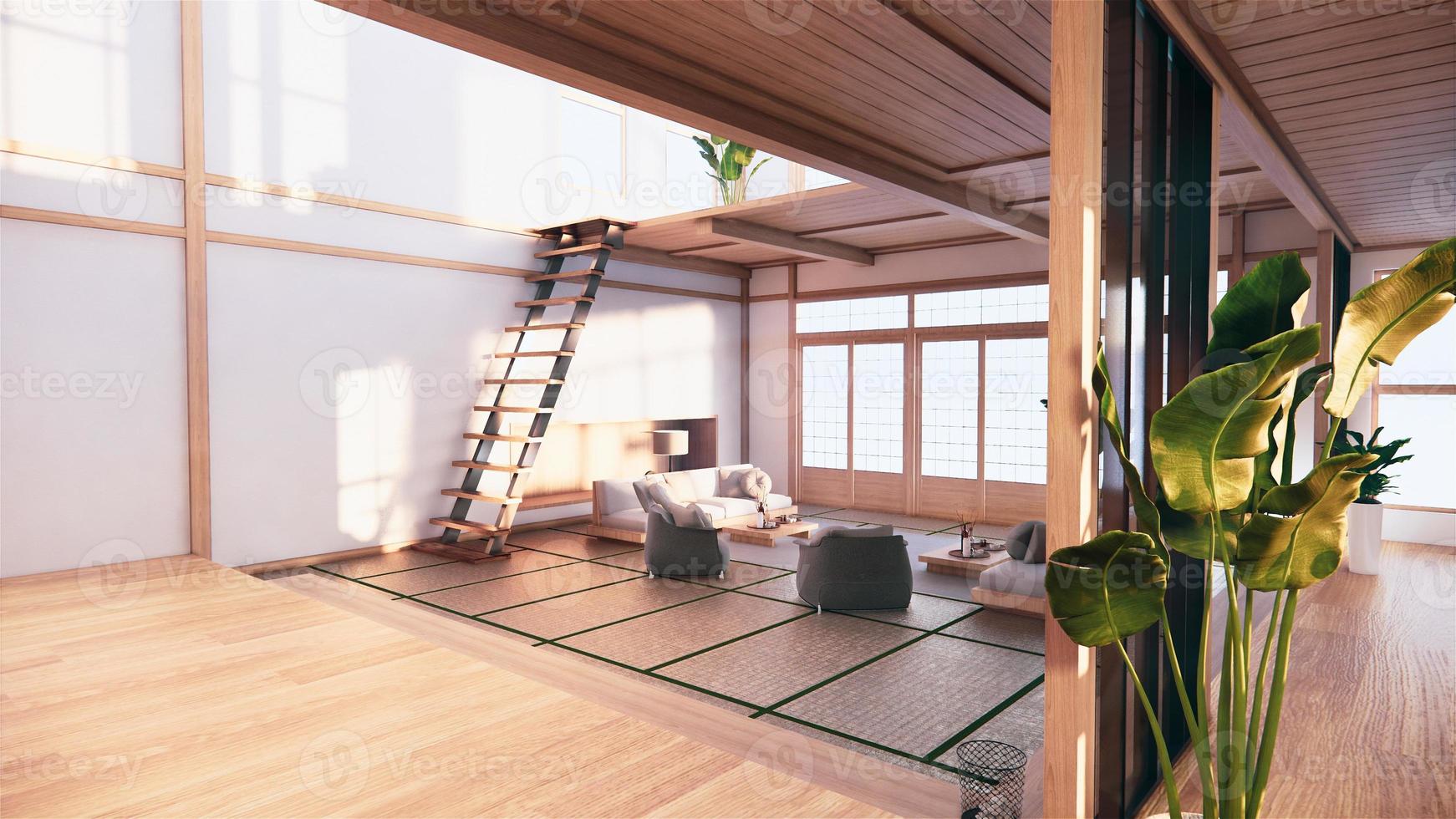 interior de estilo japonês do primeiro andar em uma casa de dois andares. Renderização 3d foto