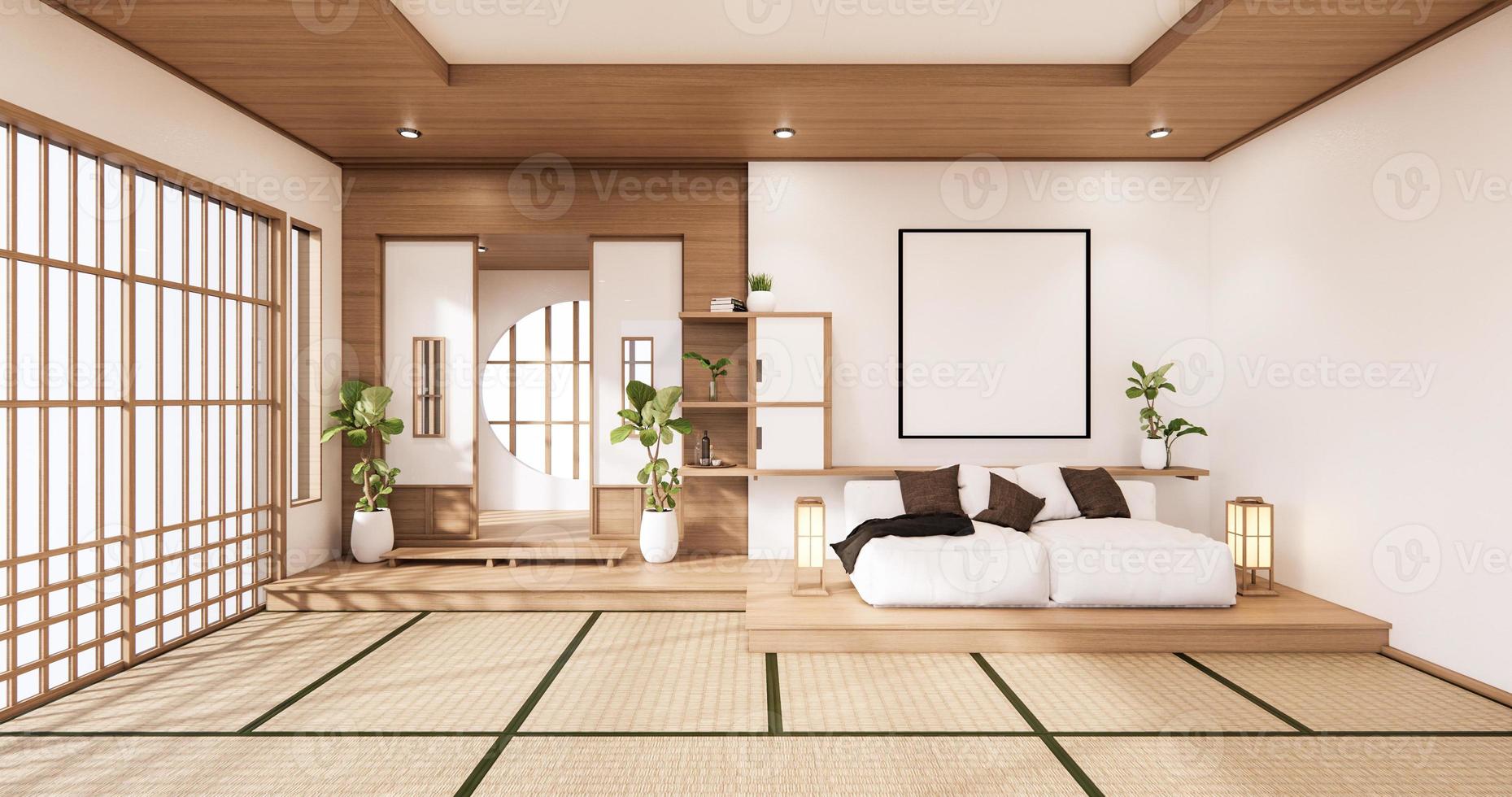 sofá branco japonês no quarto tropical desing e tapete de tatame. Renderização 3D foto