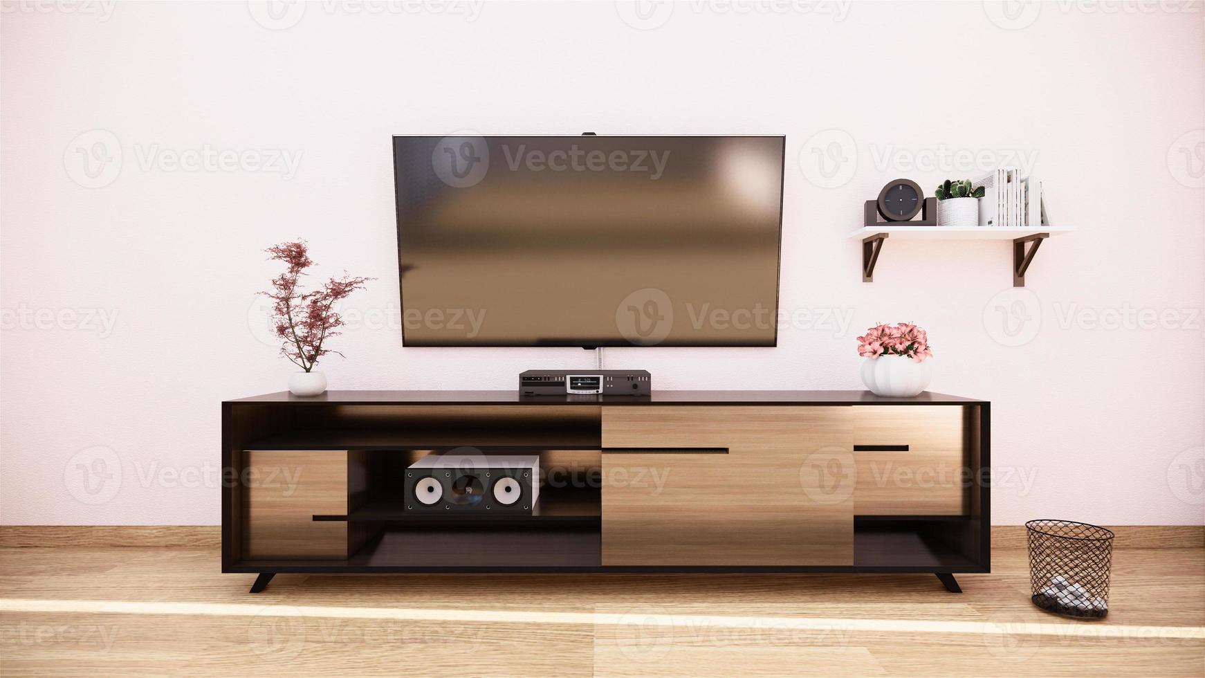 gabinete de tv em quarto tropical mint japonês - estilo zen, designs minimalistas. Renderização 3d foto