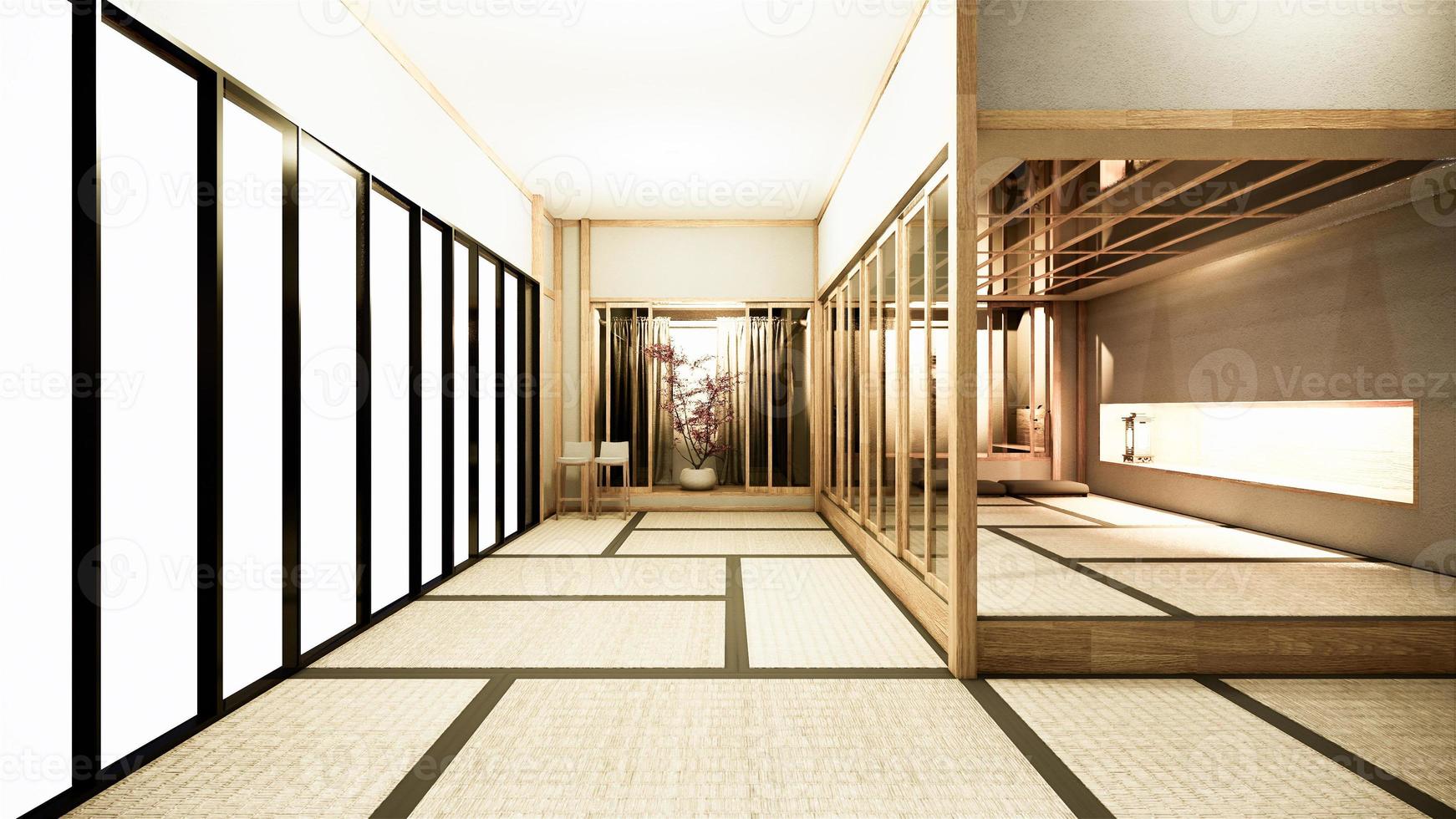 nihon room design interior com porta de papel e parede de prateleira de gabinete em tatame piso de estilo japonês. Renderização 3d foto