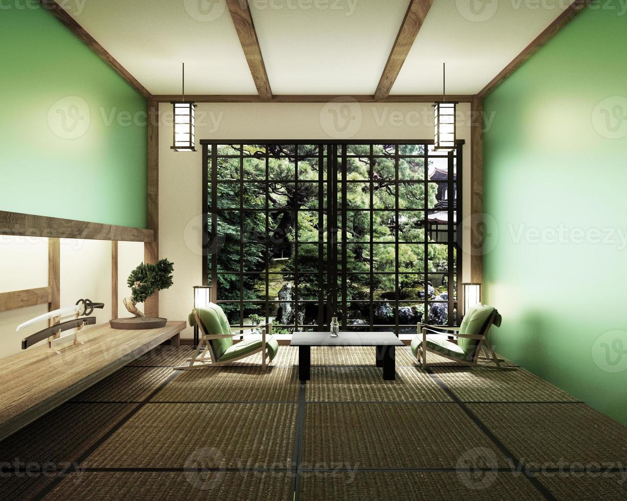 quarto primavera com árvore bonsai e mesa baixa no tatame e vista da janela árvore da primavera, estilo japonês. Renderização 3d foto